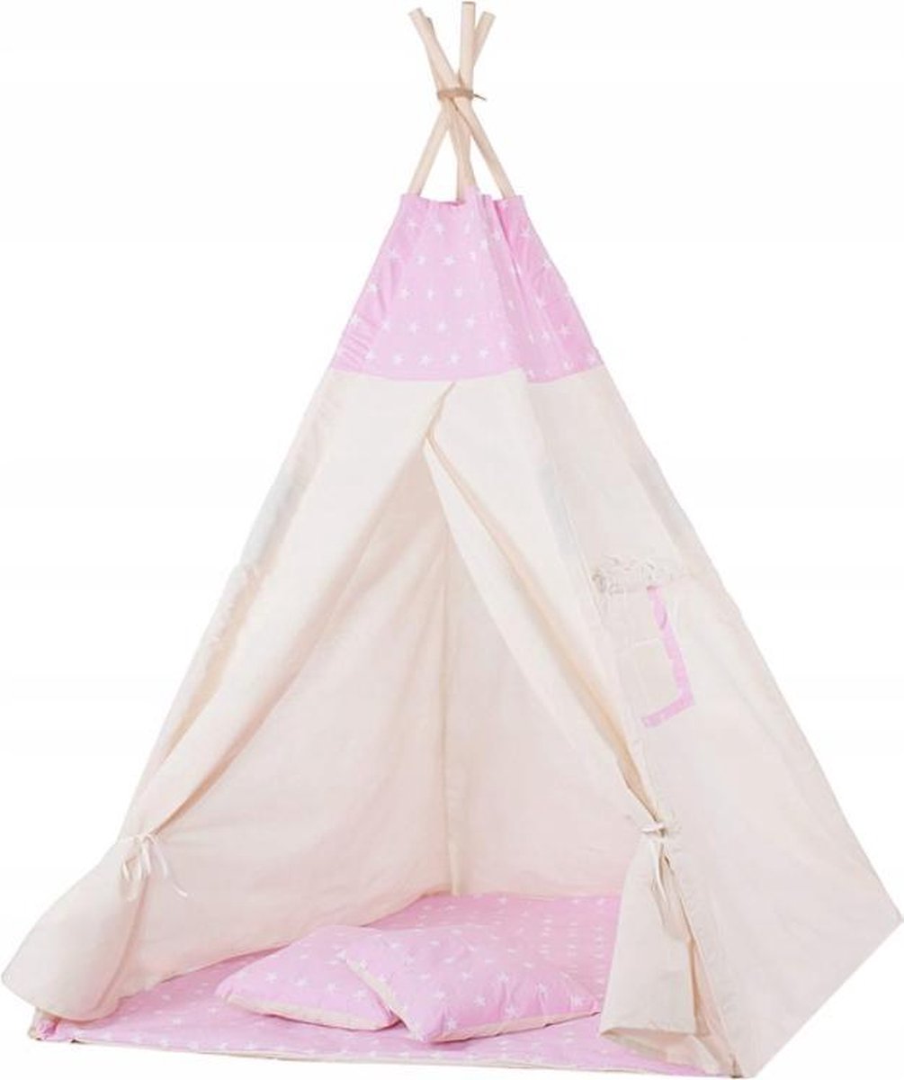 Springos Tipi Tent | Wigwam   | 120x100x180 cm | Met Mat en Kussens | Naturel Roze | Sterren